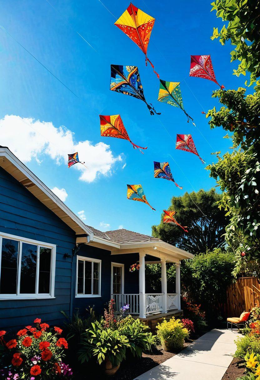 A colorful assortment of ornamental kites soaring in a bright blue sky, each adorned with intricate designs and patterns. Below, a serene backyard setting features hanging kites as vibrant home decor, merging nature and art. The scene captures a sense of joy and creativity, inviting viewers to imagine their own space transformed. super-realistic. vibrant colors. outdoor setting.