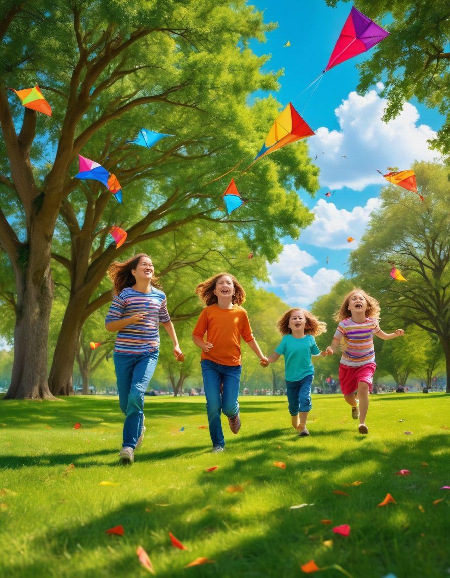 A vibrant scene of a family flying brightly colored kites in a sunny park, with laughter and joy evident on their faces. The sky is filled with a kaleidoscope of kites of different shapes and sizes, against a backdrop of fluffy white clouds and a clear blue sky. In the distance, playful children chase after their kites, and picnic blankets are spread out with snacks. The overall setting is warm and inviting, capturing the essence of celebration and fun. super-realistic. vibrant colors. outdoor setting.