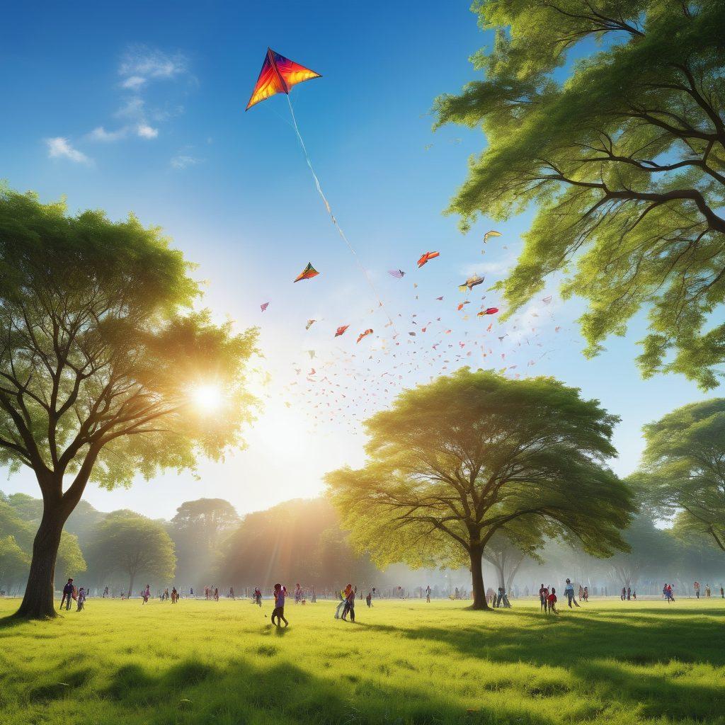 A picturesque outdoor scene with a vibrant blue sky filled with colorful kites of various shapes and sizes soaring against the sunlight. Below, a diverse group of people, including families and children, joyfully flying kites on a lush green field surrounded by trees. Include intricate patterns on the kites that represent different cultures, creating a sense of unity and celebration. The atmosphere is filled with laughter and brightness, enhancing the joyous outdoor experience. super-realistic. vibrant colors. bright sunshine.